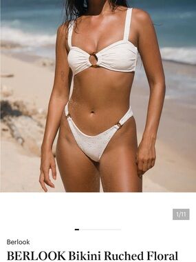 BERLOOK Bikini Ruched Floral Cutout Top + O-Ring High Cut Bottom in White sz M